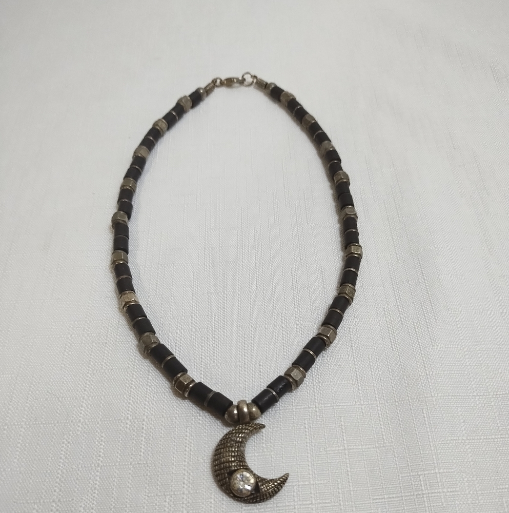 Elegant Black and Silver Tone Crescent Moon Rhinestone Necklace